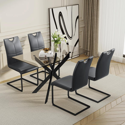 51.18" W Glass Dining Table Set for 4, Modern Rectangular Glass Kitchen Table with Black Metal Legs, 4 PU Leather Chairs with Black Legs, for Dining Room, Home -Dark Grey