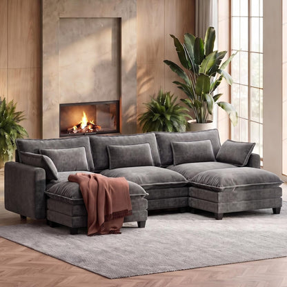 Marsail 110.6" Modular Sectional Sofa, 5-Seat Chenille Couch with Deep Seat, Ottoman & Throw Pillows, U-Shaped Couch for Living Room, Grey