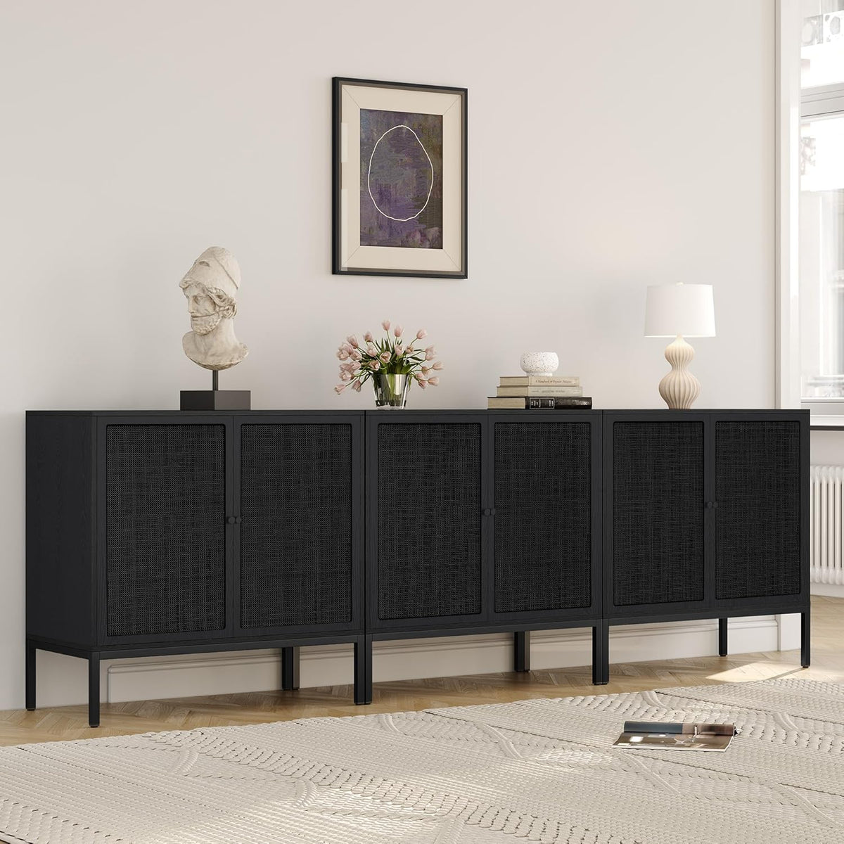 Yechen Full Black Rattan Cabient, Boho Sideboard Cabinet with Natural Rattan Decorated Doors, 31.5" W Accent Cane Credenza Buffet Console Storage, for Living Room Entryway Kitchen, Metal Legs/Set of 3
