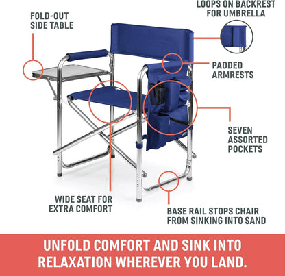 PICNIC TIME Sports Chair with Side Table and Armrest Caddy, Lightweight Aluminum Folding Outdoor Camping Chair for Adults, Portable Director Style Lawn Seating with Pockets & Carry Strap, (Black)