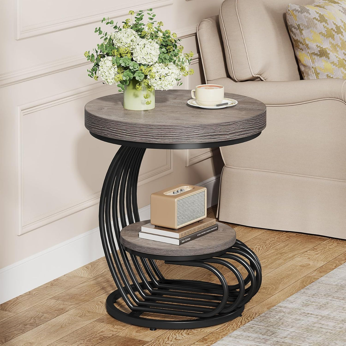 Tribesigns Round End Table, 2-Tier Farmhose Wood Side Table with Shelf Storage, Small Sofa Side Bedside Nightstand, Arc-Shaped Frame Accent Furniture for Living Room, Grey