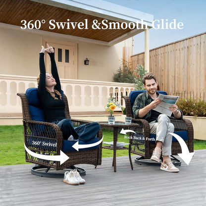 PIZZELLO Outdoor Swivel Rocker Chairs 3 Pieces Wicker Swivel Patio Chair with Rattan Side Table, 5" Extra Thick Cushions and 25" Full Support Back, Patio Furniture Set for Outside Porch Deck