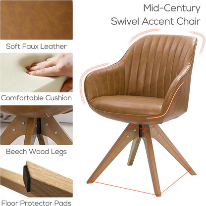 Art Leon Dining Chair - Mid Century Modern Swivel Dining Room Chair, Faux Leather Upholstered Arm Chair with Wood Legs for Living Room, Terracotta