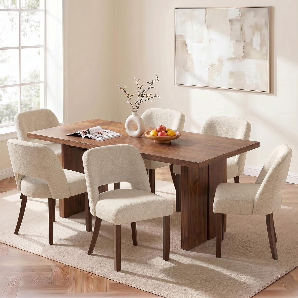 Usaint Wooden Dining Chairs Set of 4, Modern Upholstered Dining Room Chair Kitchen Chairs with Ergonomic Curved Backrest for Kitchen and Restaurant, Beige