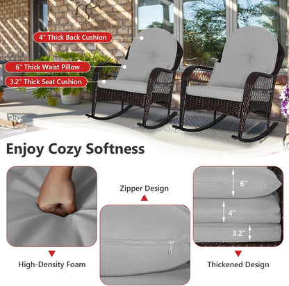Tangkula Outdoor Wicker Rocking Chair, Patio Rattan Rocker with Seat Back Cushions & Waist Pillow, Sturdy Metal Frame, Mix Brown Outdoor Rocker for Balcony, Porch, Backyard