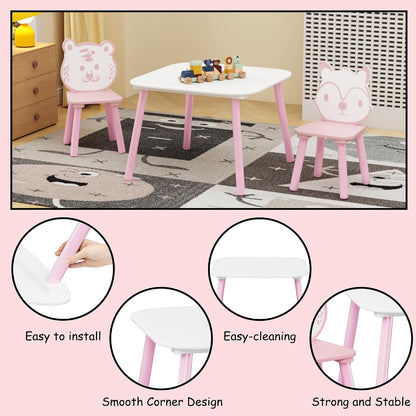 Kids Table and Chair Set 3-Piece Wooden Toddler Desk with Animal Backrest Pink and White Activity Table for Drawing Learning Playroom or Nursery