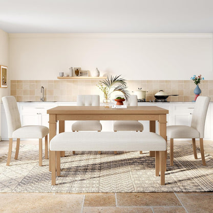 Merax 6-Piece Dining Set, Rectangle Kitchen Table with 4 Upholstered Chairs & Bench, Ideal for Dining Room and Living Room, Natural