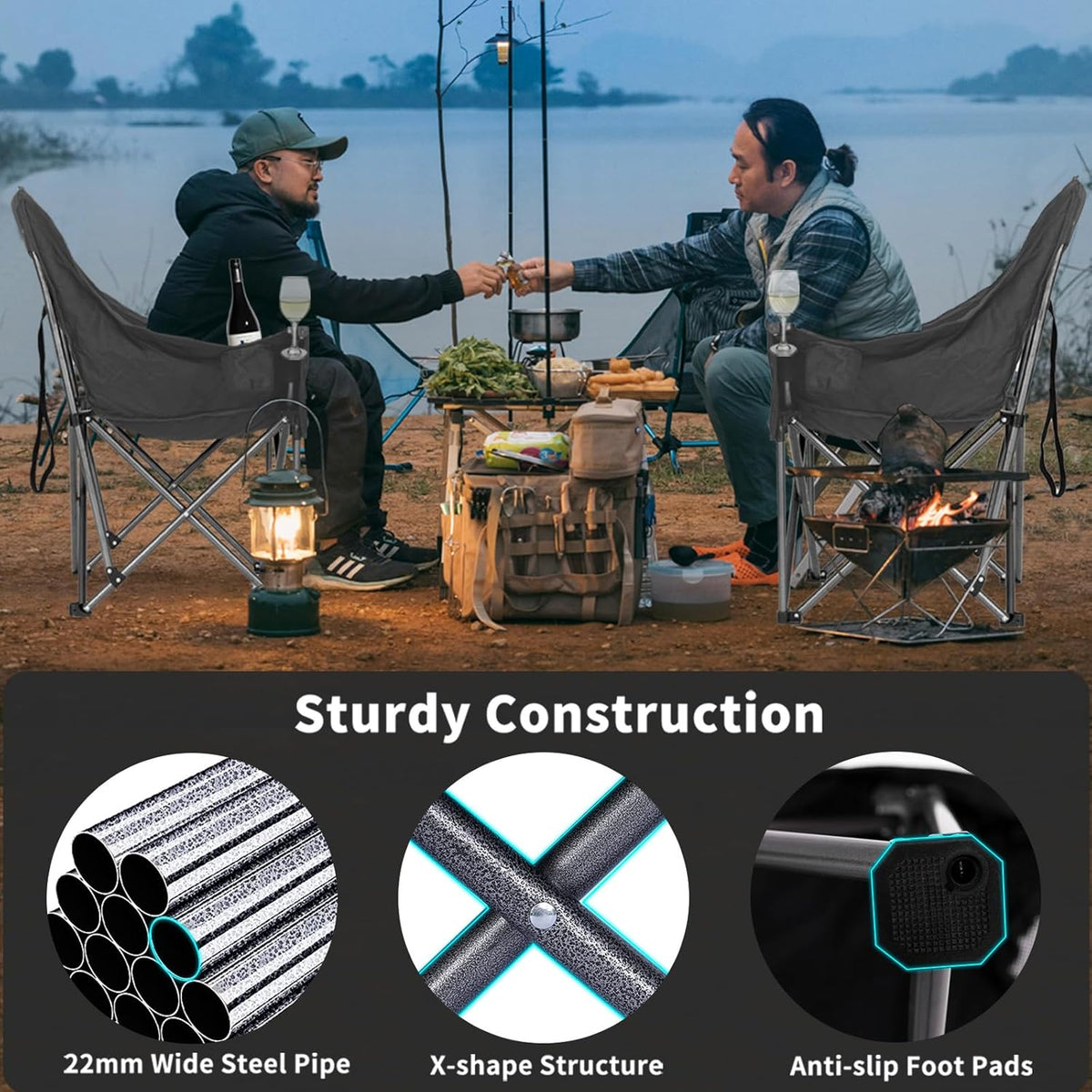 Bolosy Oversized Camping Chairs for Adults Heavy Duty Padded Portable Lawn Chairs Outdoor Folding Chairs XL Camp Chairs with Cup Holder Suproot 500 lbs, Gray Plaid