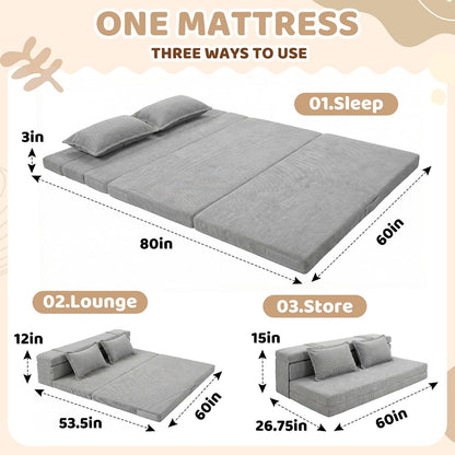 Tri-Fold Futon Mattress, Foldable Japanese Floor Sleep Mattress, High-Density Foam Tatami Bed Mat with Corduroy Cover, Floor Bed Mat for Couples, Guest Use (Charcoal Gray,Queen)