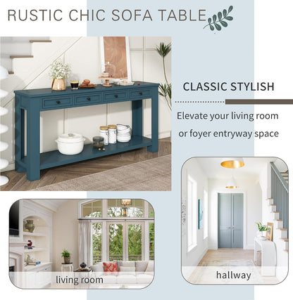 Merax Sofa Table with Storage Drawers and Bottom Shelf, Rustic Console Table with Thickened Legs, Long Entryway Table for Hallway & Living Room, Dark Blue