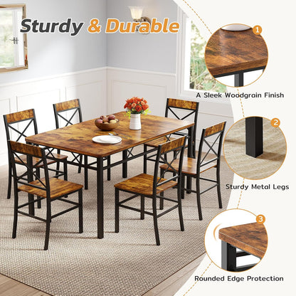 Zevemomo 7-Piece Dining Table Set, Kitchen Table Chairs Set of 6, Brown | Dining Room Sets for 6, Farmhouse Dining Table Set with 6 X-Shaped Curved Backrest Chairs, For Kitchen & Living Room