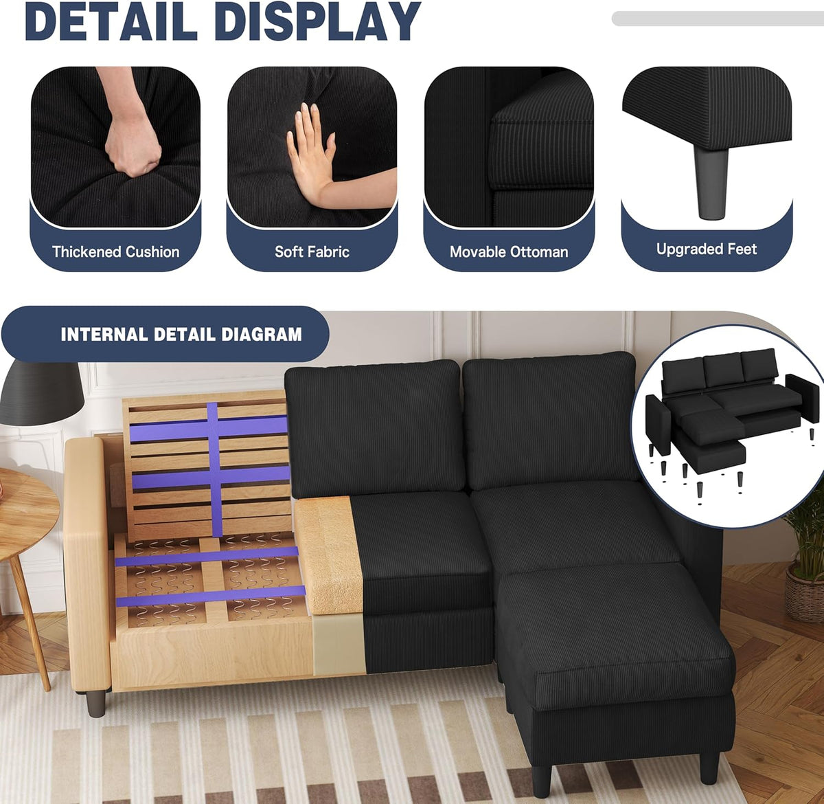 Shintenchi L Shaped Sectional Sofa Couch,Convertible Modular Sofas with Movable Ottoman,3-Seat Upholstered Corduroy Couch,Small Couches for Living Room,Apartment,Office(Black)