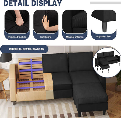 Shintenchi L Shaped Sectional Sofa Couch,Convertible Modular Sofas with Movable Ottoman,3-Seat Upholstered Corduroy Couch,Small Couches for Living Room,Apartment,Office(Black)