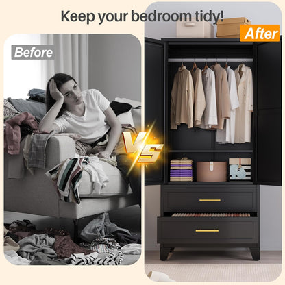 RIETERN Metal Armoire Wardrobe Closet, 71" Tall Bedroom Closet with Mirror, 2 Drawers, Adjustable Shelves, and Hanging Rod, Steel Clothes Closets and Storage, for Bedroom Black
