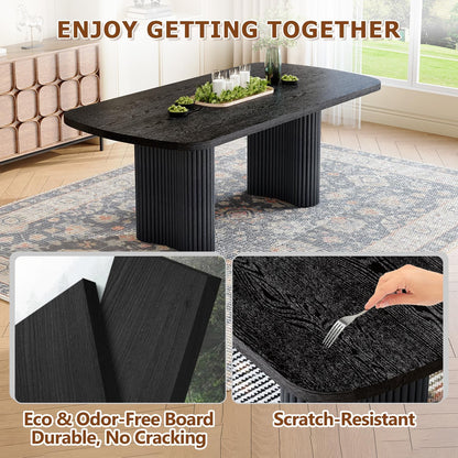 Dining Table Set for 8, 79'' Large Modern Rectangular Dining Room Table with 8 Velvet Chairs, Black Wood Finish, Reinforced Pedestal Base & Thick Tabletop, Stable Design for Home Dining