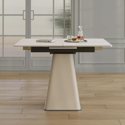 47.2" Retractable Rock Slab Folding Dining Table, Modern Expandable Kitchen Table with Leather-Wrapped Stainless Steel Base, Space Saving Square Dining Table for Small Apartments