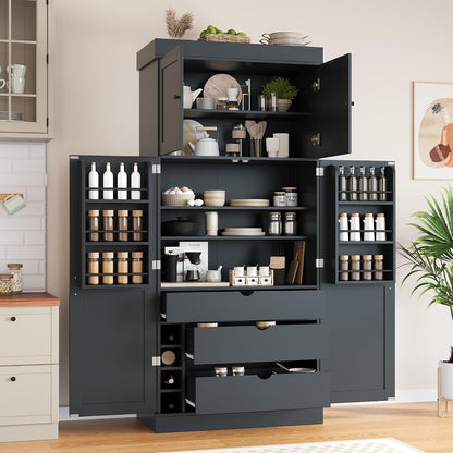 77'' Tall Freestanding Kitchen Pantry, Kitchen Storage Cabinets with Adjustable Shelves, Door Shelves, Drawers and Wine Racks, Versatile Cupboard for Dining Room, Living Room,Grey