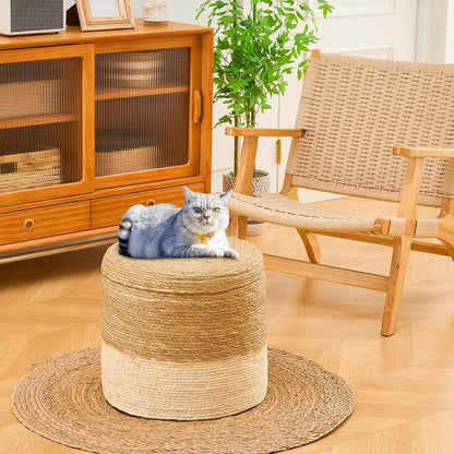 Wimarsbon Storage Pouf Ottoman, Hand Weaving Natural Straw Foot Stool, Bohemian Round Patio Ottomans, Rustic Lounge Pouffe, Outdoor Extra Seat for Garden