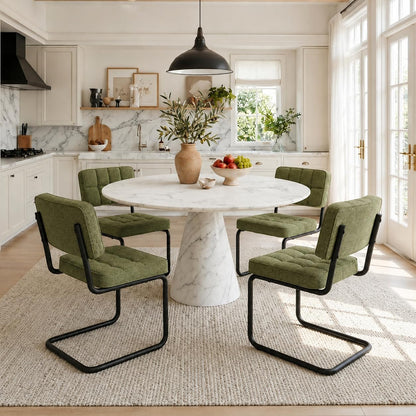Mid-Century Modern Dining Chairs Set of 4 with Metal Legs, Green | Upholstered Chenille Cantilever Dining Chairs with Ergonomic Backrests, Armless Design, Padded Seats for Dining Room
