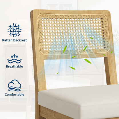 Garvee Rattan Dining Chairs Set of 2, French Country Upholstered Dining Chairs Wood Frame, Rattan Backrest, Armless Chair for Kitchen Restaurant Dining Room Bedroom, Linen, Natural