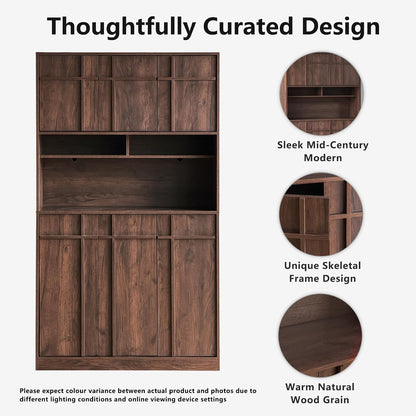 72" Pantry Cabinet, Tall Kitchen Pantry Storage Cabinet with Countertop, Adjustable Shelves, Mid Century Modern Wooden Kitchen Hutch with Skeleton Lines for Living Room, Dining Room, Walnut