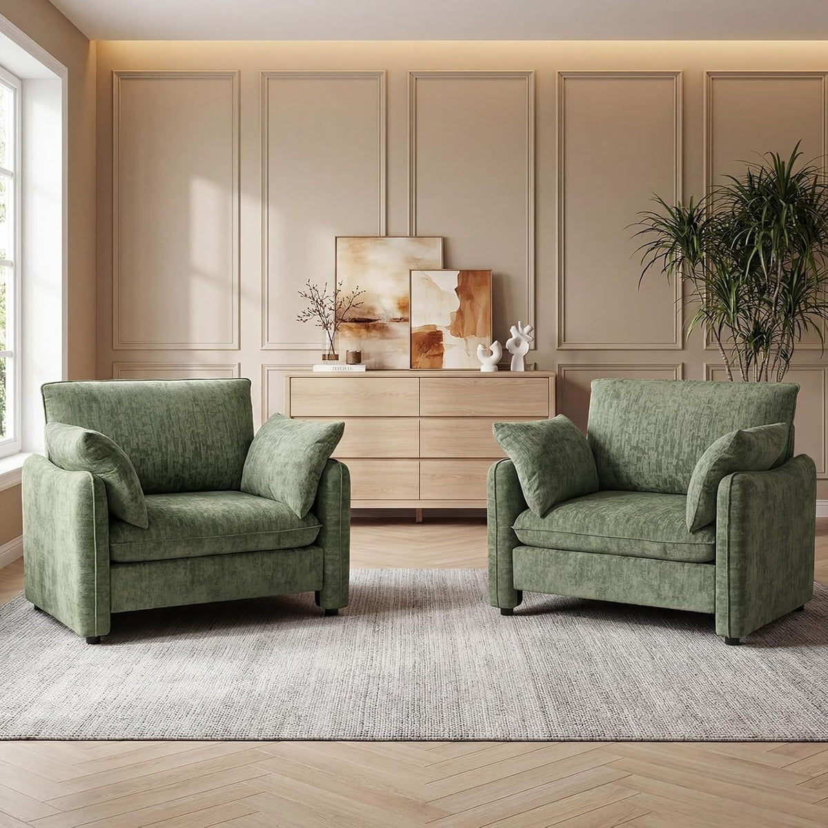 Elegant Oversized Accent Reading Armchairs Set of 2, 42.1", Chenille, Green | Modern Upholstered Piping Single Chair with Cushion Backrest and 2 Pillows for Bedroom, Office, Reception Area