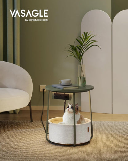 VASAGLE LILEA Collection - Side Table with Charging Station, Round End Table with Fabric Basket, LED Nightstand with USB Ports, Modern, for Living Room, Forest Green and Cream White ULET227C01