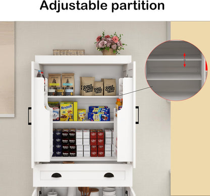72" Farmhouse Storage Cabinet,Tall Kitchen Pantry Cabinet with 4 Barn Door,1 Drawer & 2 Adjustable Shelves,Freestanding Cupboard for Dining Room,Living Room,Bathroom (White, 72 Inch)