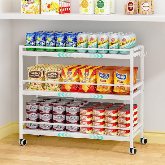3-Tier Expandable Rolling Pantry Organizers and Storage Cart with Wheels, Adjustable Pantry Floor Organizer, Snack Cart for Pantry, Kitchen Storage Cart with 4 Hooks for Snack, Food, Vegetables, White