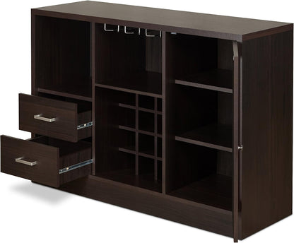 Knocbel Wooden Storage Wine Cabinet with Glass Door and 2 Interior Shelves, Console Table Buffet Sideboard Server with Drawers and Open Compartments for Kitchen 16" D x 47" W x 33" H Espresso