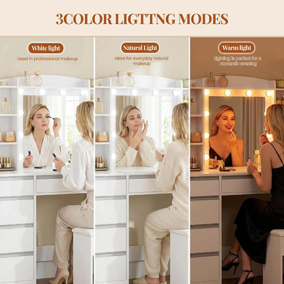 HEXCELEN 47" Vanity Desk with LED Lights, 8 Drawers, 20" Mirror, 2AC+2USB Charging, FSC Wood White Makeup Vanity