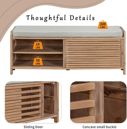 Ball & Cast Entryway Storage Bench with Shutter Doors, 43.3" Wooden Shoes Organizer, Modern Movable Upholstered Seat Entryway Shoe Rack Cabinet for Hallway Living Room, Natural White