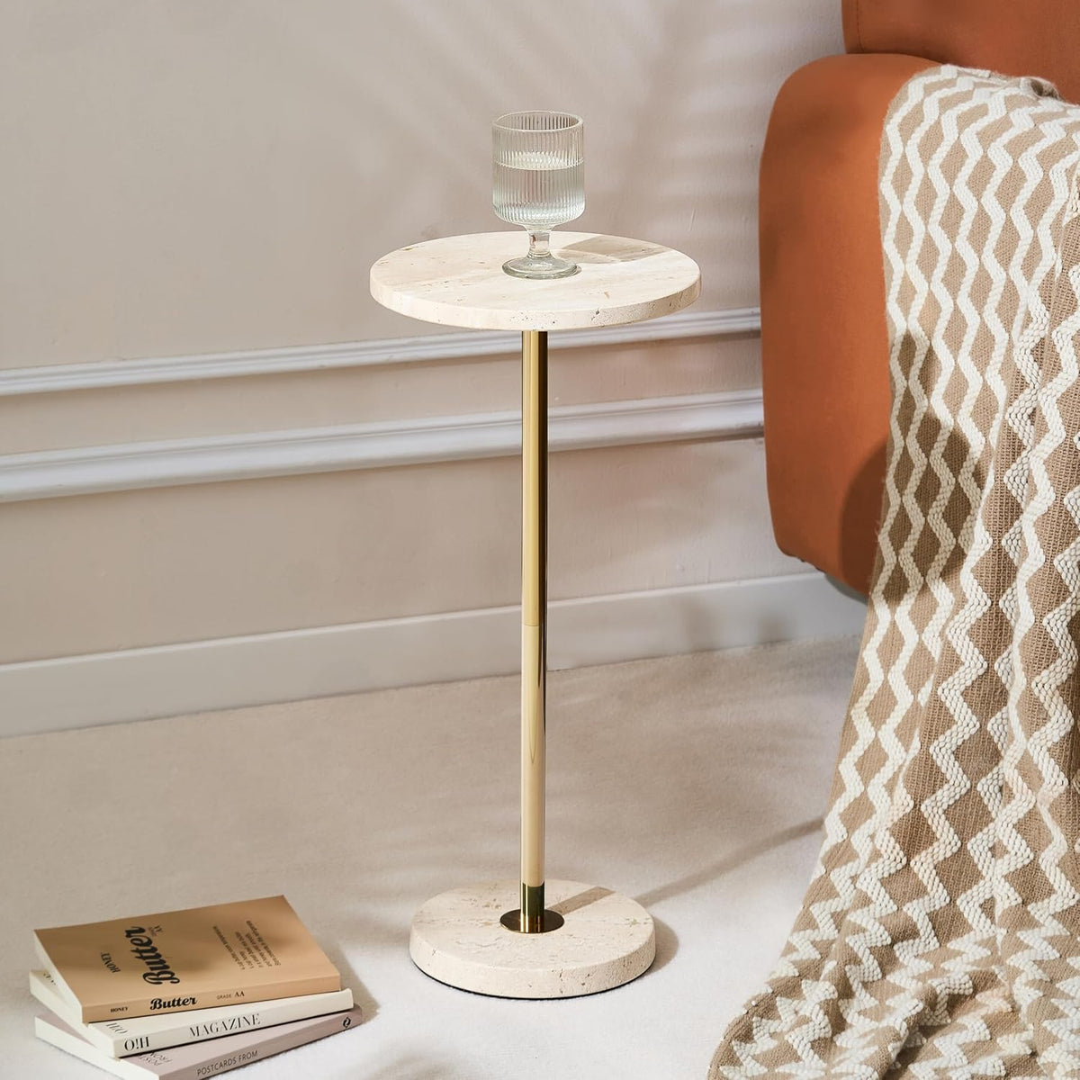 Premium Small Round Natural Marble Pedestal Side Table, End Table, Mini Drink Table with Upgraded Weighted Marble Base, for Livingroom, Bedroom, Bathroom, Balcony, Small Spaces (Beige Travertine)