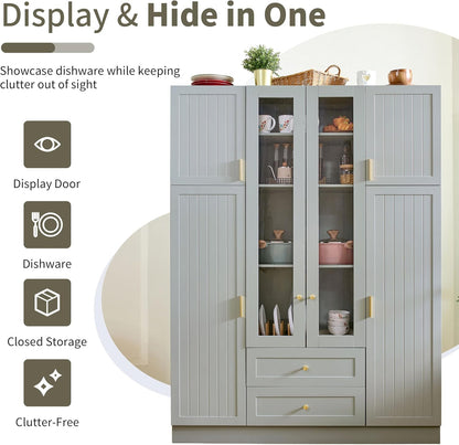 Polibi 6-Door Kitchen Pantry Storage Cabinet,53.2''Lx17.7''W Large Cupboard with Wine Rack, Adjustable Shelves & Pull-Out Trays for Dining Room Organization, Modern Design, Green