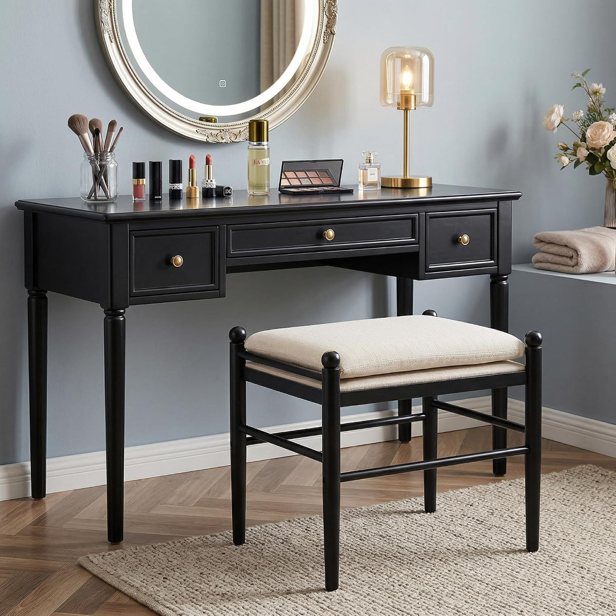 Kmax Ottoman Bench, 19 Inch Tall Vanity Makeup Chairs No Wheels, Upholstered Ktichen Chairs Backless Wooden Side Chairs for Dining Room, Extra Seating for Living Room - Linen, White