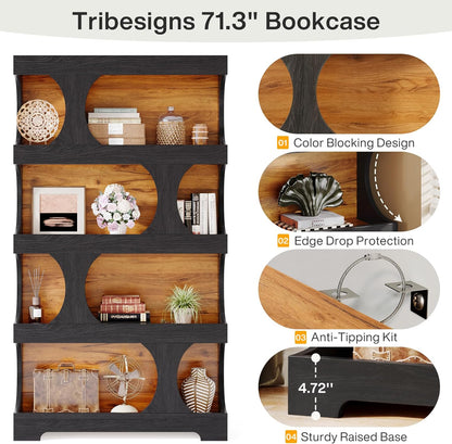 Tribesigns 71" Tall Bookcase, 4-Tier S-Shaped Bookshelf, Wood Decorative Storage Shelving, Modern Freestanding Display Shelves, Large Library Book Shelf Unit for Home Office Living Room, Black & Brown