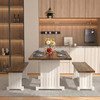 Tribesigns 47" Dining Table Set for 4, 3-Piece Kitchen Room Table with 2 Benches, Farmhouse Wood Dinner Furniture for Small Space, Home Living Room, White & Rustic Brown