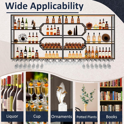 Large Liquor Shelf, Solid Wood Wall Mounted Wine Rack with Glass Holder & LED Light, 3-Tier Floating Bar Shelves, for Home Bar Kitchen, Living Room, Black,94 * 8 * 49in