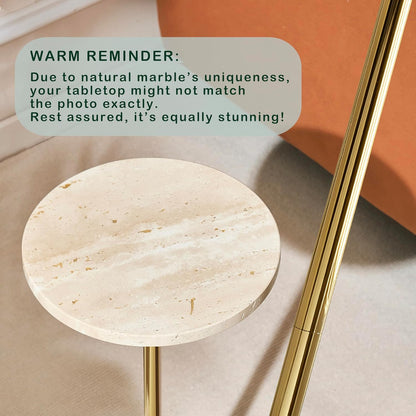 Premium Small Round Natural Marble Pedestal Side Table, End Table, Mini Drink Table with Upgraded Weighted Marble Base, for Livingroom, Bedroom, Bathroom, Balcony, Small Spaces (Beige Travertine)