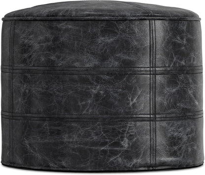 SIMPLIHOME Connor 18" Wide Round Pouf in Distressed Black Genuine Leather
