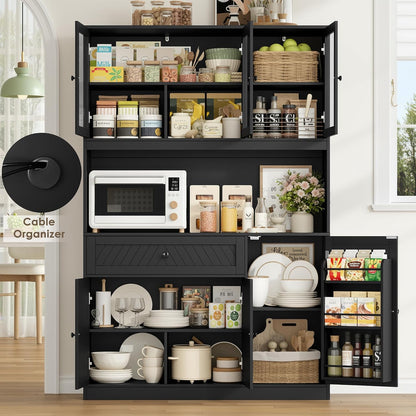 BOTLOG 72” Tall Kitchen Pantry Storage Cabinet, Modern White Kitchen Hutch with Large Storage Drawer, Countertop, Adjustable Shelves, Food Pantry Cabinets for Dining Room, Living Room (Black)