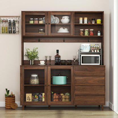 63" Large Kitchen Hutch Cabinet with 4 Doors, 4 Drawers and Microwave Shelf, Farmhouse Pantry Storage Cupboard with Countertop for Kitchen and Dining Room(Walnut Brown)