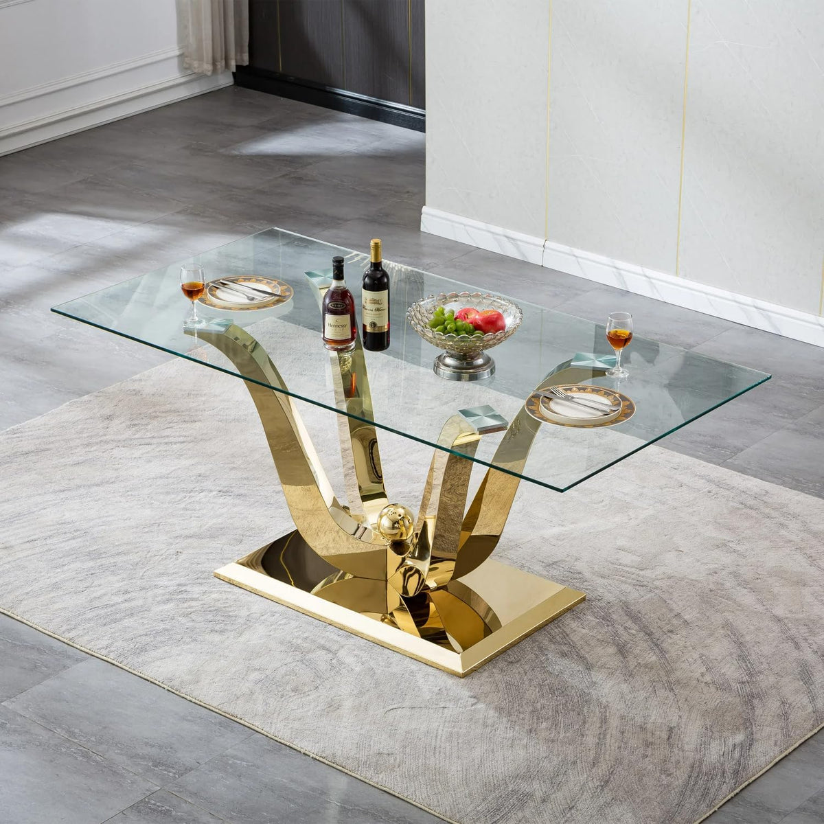 70" Modern Glass Dining Table for 6-8, Luxury Gold Glass Dining Room Table with Mirrored Floral-Shape Stainless Steel Base, Rectangle Kitchen Dinner Tables for Dining Room Kitchen