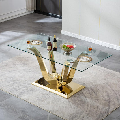70" Modern Glass Dining Table for 6-8, Luxury Gold Glass Dining Room Table with Mirrored Floral-Shape Stainless Steel Base, Rectangle Kitchen Dinner Tables for Dining Room Kitchen