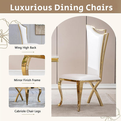 7 Piece Marble Dining Table Set for 6, Luxury Gold Kitchen Table and Chairs Set of 6, 68" White Marble Pedestal Dining Room Table with 6 PU Leather Chairs for Kitchen Dinette Furniture