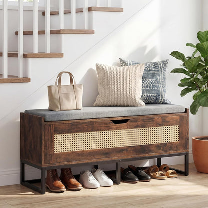 Giantex Rattan Shoe Bench, Flip-Top Entryway Bench with Removable Padded Seat & Hidden Storage, Wooden Shoe Storage Chest with Metal Legs for Bedroom, Hallway, 440 lbs Max Load (Rustic Brown & Black)