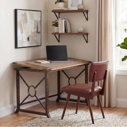 SEI FURNITURE Knightley Tilt Top Drafting Table - 51.5 inch Wide - Oak Wood Finish w/ Antique Brass, Brown