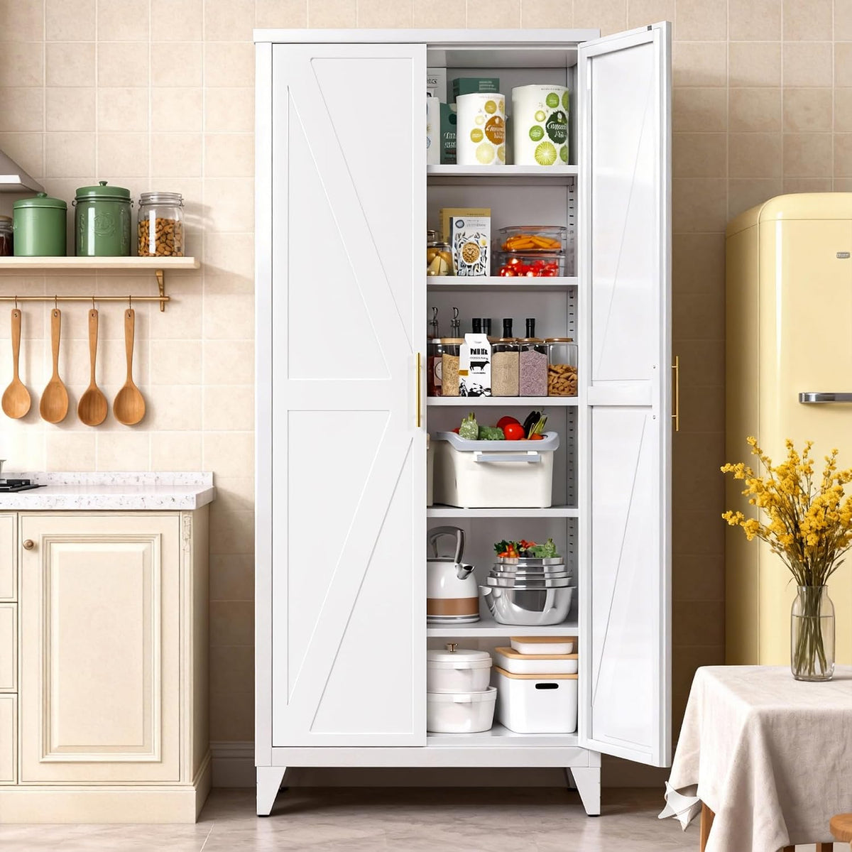 75" Tall Metal Pantry Cabinet, White Kitchen Storage Cupboard with 5 Adjustable Shelves, Heavy Duty Steel Food Organizer for Dining Room, Laundry Room, Living Room, Required Assembly