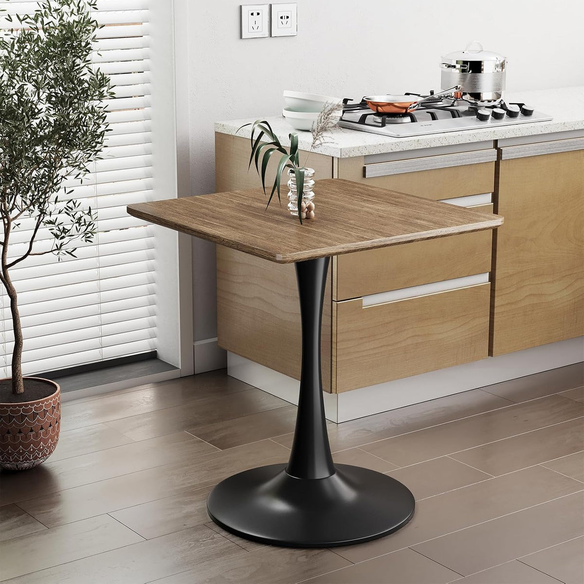Walnut Square Tulip Table for 2, 24 Inch Small Dining Table with Metal Pedestal Base for Kitchen, Mid-Century Modern Table with Round Corners for Living Room, Cafe and Home Office