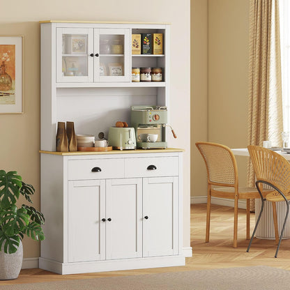 71inch Freestanding Pantry Cabinet — 39.25in Wide, White Finish with Yellow Oak Countertop, 4 Adjustable Shelves, 176lb Max Capacity